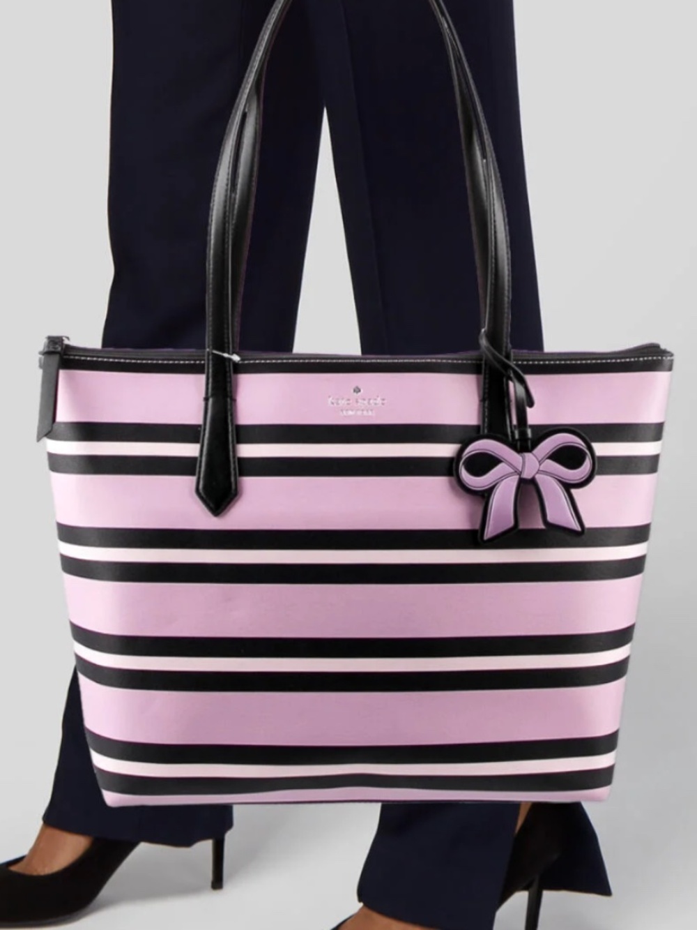 kate spade Pink and Black Striped Tote with Bow Charm